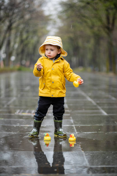istock Child playing with rubber ducks in water puddle 1388724467