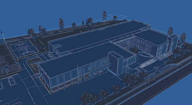 3d illustration of a two floor school building campus.