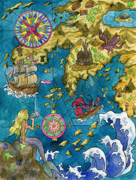 ilustraciones, imágenes clip art, dibujos animados e iconos de stock de colorida ilustración de fantasía marina del antiguo mapa pirata de búsqueda del tesoro con velero, hermosa sirena, brújula y tierra desconocida, islas. dibujos náuticos vintage, acuarela. - adventure history map backgrounds