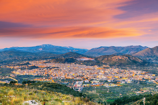 Gorgeous morning cityscape of Bagheria town and national park Orientata Pizzo Cane. Location: Bagheria, Province of Palermo, Sicily, Italy, Europe