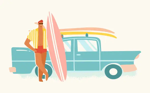 Vector illustration of Male surfer standing near his car with a surfboard