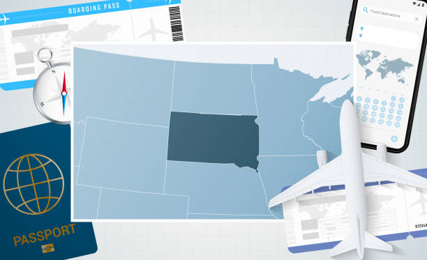 illustrations, cliparts, dessins animés et icônes de voyage au dakota du sud, illustration avec une carte du dakota du sud. contexte avec l’avion, le téléphone portable, le passeport, la boussole et les billets. - map dakota south dakota north