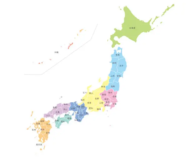 Vector illustration of Map of Japan, color-coded by region, Japanese