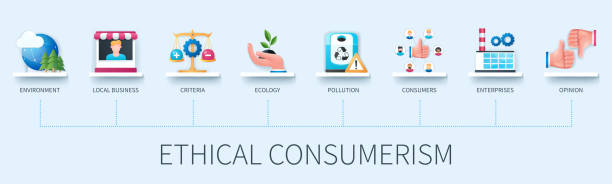 Ethical consumerism vector infographics in 3D style Ethical consumerism banner with icons. Environment, local business, criteria, ecology, pollution, consumers, enterprises, opinion icons. Business concept. Web vector infographic in 3D style slave market stock illustrations