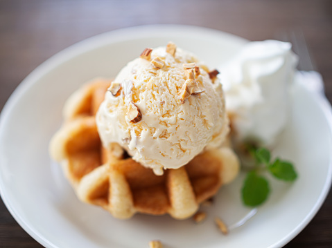 Waffle with nuts and ice cream