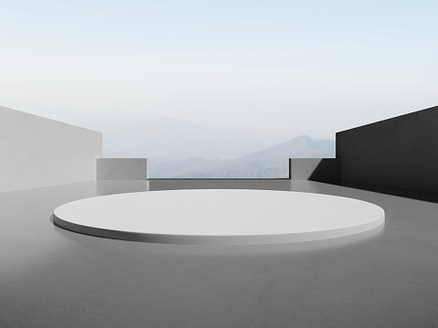 3d render of abstract architecture background with  round empty concrete podium for car presentation.