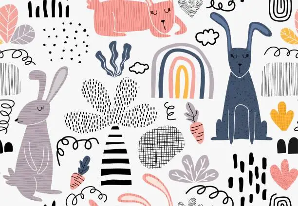 Vector illustration of childish pattern with bunny. vector illustration
