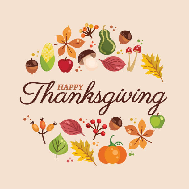 ilustrações, clipart, desenhos animados e ícones de dia de ação de graças. logotipo, design de texto. tipografia para cartões de saudação e cartazes. agradeça. - thanksgiving autumn pumpkin food