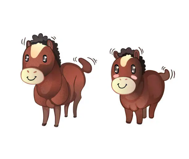 Vector illustration of Cute Cartoon Horse and Her Cub Foal Vector Illustration