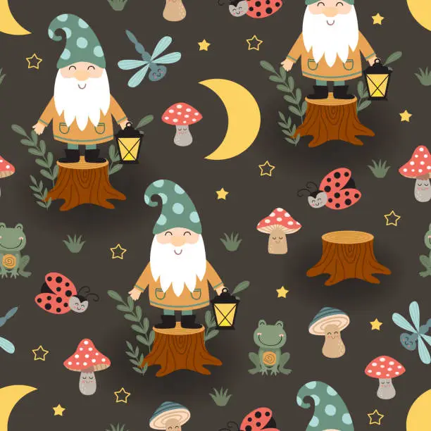 Vector illustration of seamless pattern with  gnome, insect, frog and mushrooms