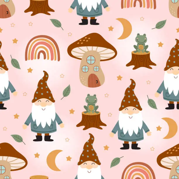 Vector illustration of seamless pattern with  gnome, mushroom house, rainbow, frog