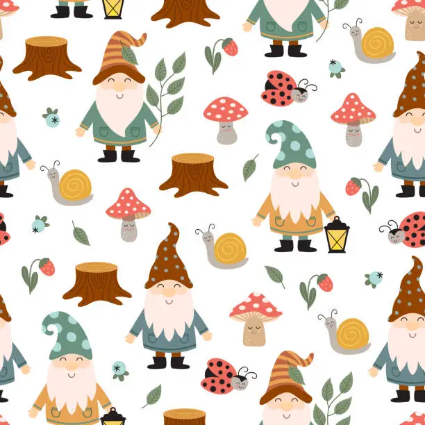 Vector illustration of seamless pattern with  gnome, mushrooms, insect