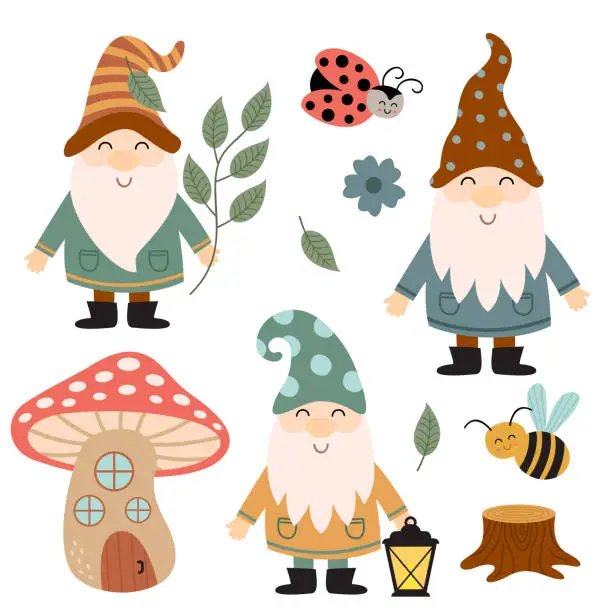 Vector illustration of set of isolated gnome, mushroom house and other forest elements