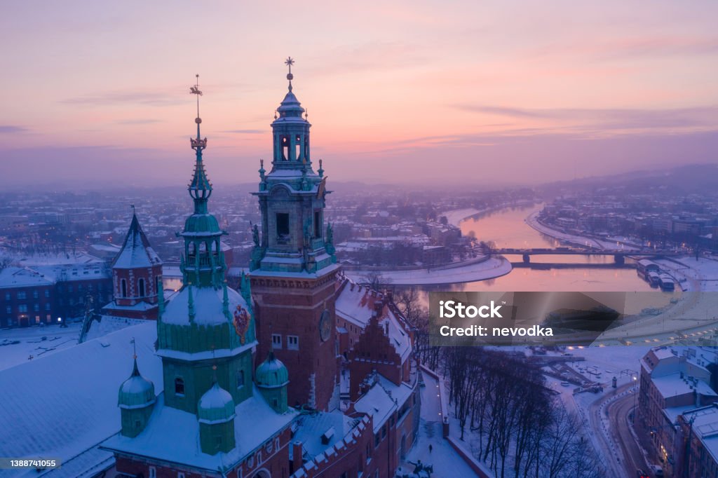 Wawel cathedral and Vistula river in Krakow Poland at sunset Wawel cathedral and Vistula river in Krakow Poland at sunset aerial view Krakow Stock Photo