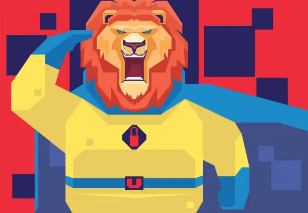 Vector illustration of superhero lion roaring and saluting