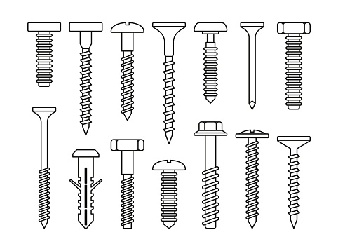 Fasteners, Bolt and Screws Set on White Background. Vector illustration