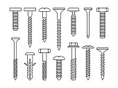 Fasteners, Bolt and Screws Set on White Background. Vector