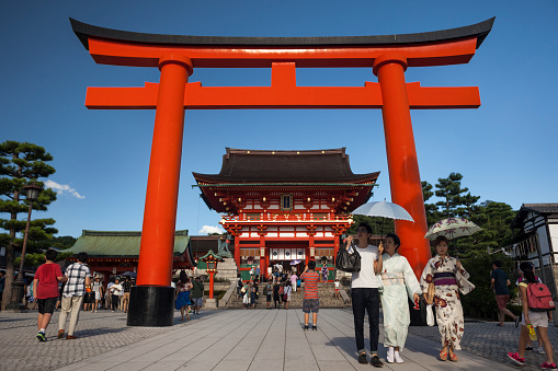 Panoramic frontal view of one of the torii of the Fushimi-Inari Taisha Shinto Shrine, Kyoto, Japan