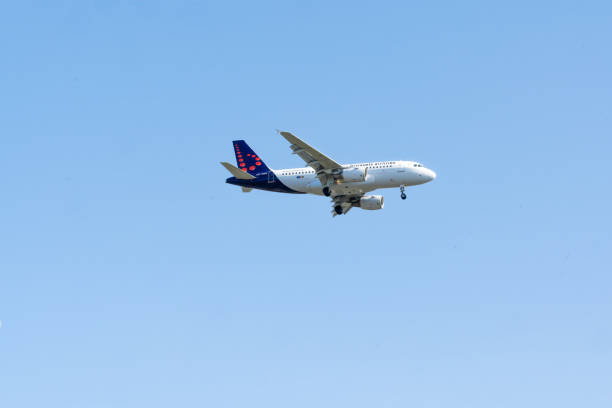 Airplane from Brussels Airlines approaching Brussels Airport stock photo