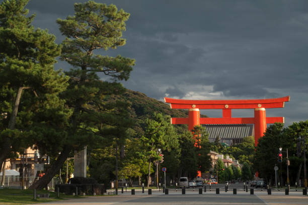 Horizontal twilight view of the Heian jingu Shinto Torii in Northern Higashiyama, Kyoto, Japan