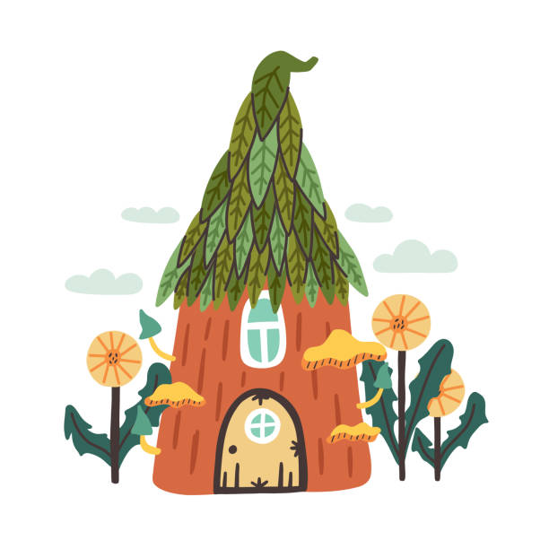 숲의 집은 잎과 점토를 만든 - forest hut window autumn stock illustrations