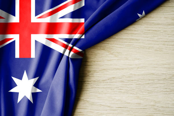istock Australia flag. Fabric pattern flag of Australia. 3d illustration. with back space for text. 1388746735