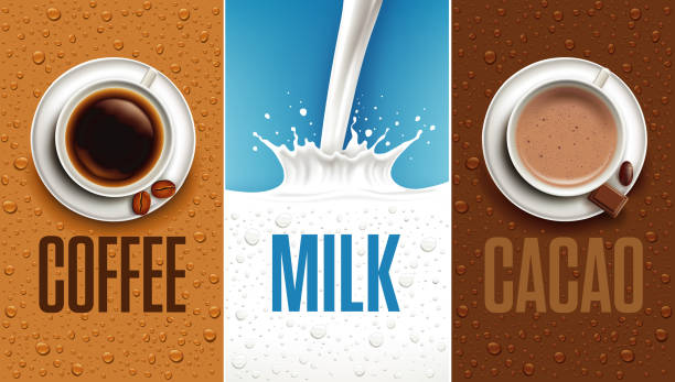 ilustraciones, imágenes clip art, dibujos animados e iconos de stock de vista superior taza de café y cacao, salpicadura de leche. fondo de café con muchas gotas frescas - coffee cafe latté cup