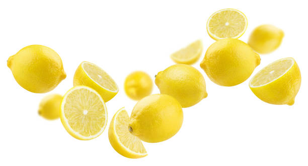 istock Flying lemon fruits on white 1388749116