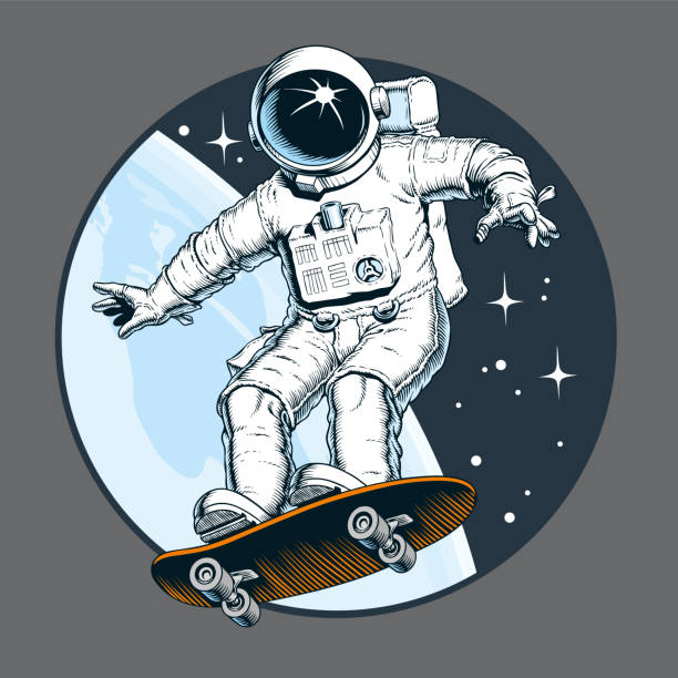 stockillustraties, clipart, cartoons en iconen met astronaut skater riding on skateboard in outer space. vector illustration. isolated on transparent background. - skateboardpark