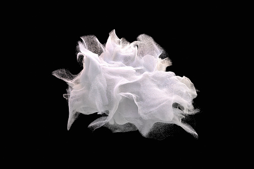 White particles cloud on black background, CGI.