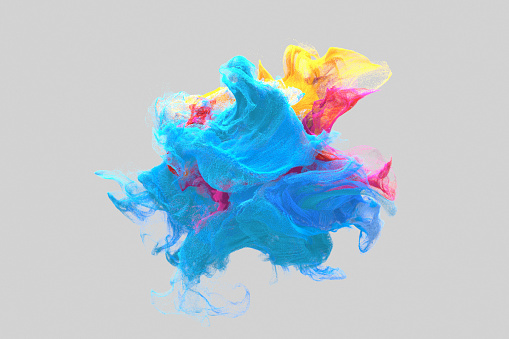 Multicolored particles cloud on gray background, CGI.