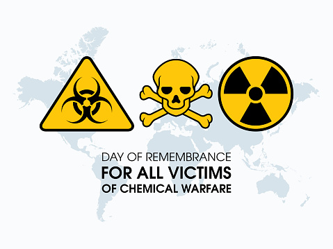Biohazard radioactive yellow symbol and world map icon vector isolated on a gray background. Skull crossbones toxic sign. Important day