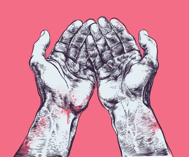protective hands woodcut screen printing Engraved illustration of two protective hands, woodcut, screen printing. Isolated on red background. Hand drawn vector illustration. Retro style ink sketch. open hand stock illustrations