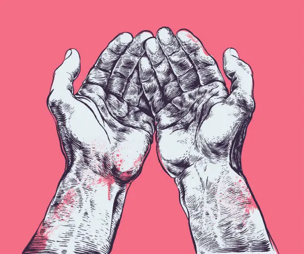 Vector illustration of protective hands woodcut screen printing