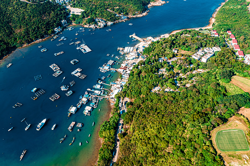 Drone view of Old fishing village in Po Toi O Chuen, Sai Kung Village, Hong Kong