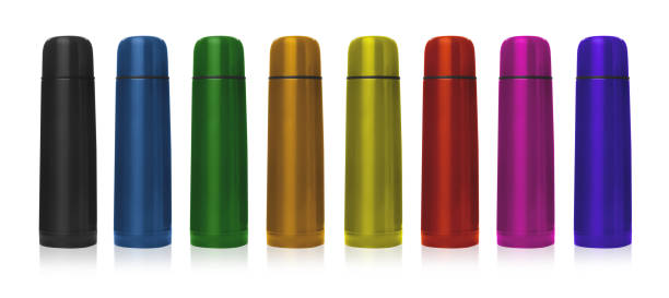 istock Set of modern thermoses in different colors on white background. Banner design 1388752783
