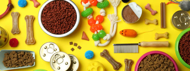 istock Pet accessories on yellow background, top view 1388754024