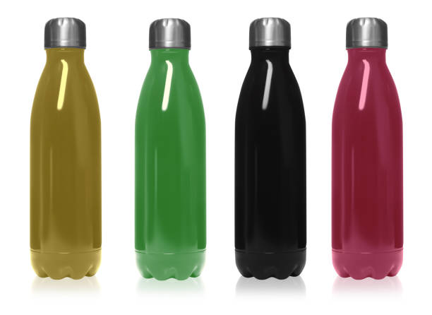 istock Set of modern thermos bottles in different colors on white background 1388754050