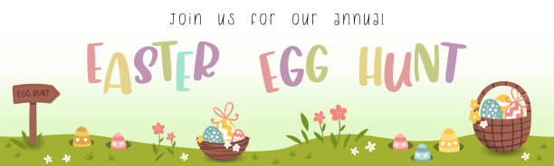 Cute Easter Egg hunt design for children, hand drawn with cute bunnies, eggs and decorations - great for party invitations, banners, wallpapers - vector Cute Easter Egg hunt design for children, hand drawn with cute bunnies, eggs and decorations - great for party invitations, banners, wallpapers - vector grass vector meadow spring stock illustrations