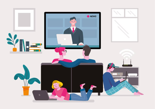 rodina sledující zprávy doma - sledování televize stock ilustrace