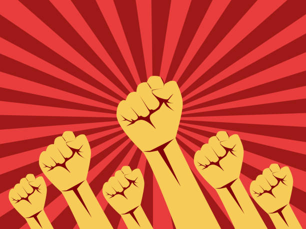 human hands raised in protest and freedom. Revolutionary concept vector art illustration