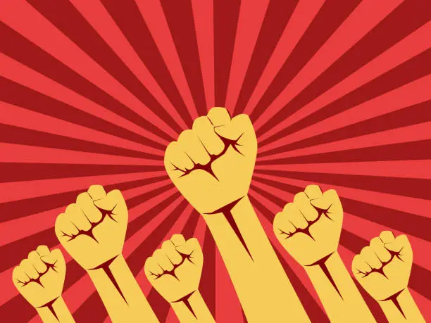 Vector illustration of human hands raised in protest and freedom. Revolutionary concept