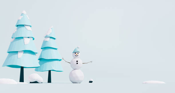 istock Happy snowman and winter trees with pastel blue tone. Negative space for copy. 3d rendering. 1388759448
