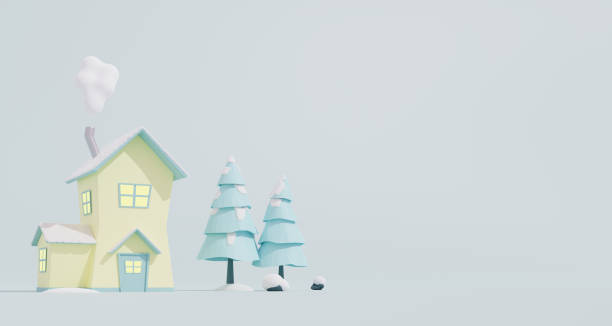 istock Fantasy cottage with smoking chimney, trees and snow with negative space for copy. 3d rendering. 1388759449