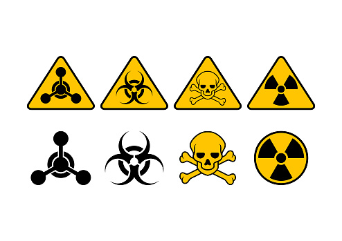 Biohazard radioactive yellow symbol vector isolated on a white background. Chemical weapon sign. Skull crossbones toxic icon
