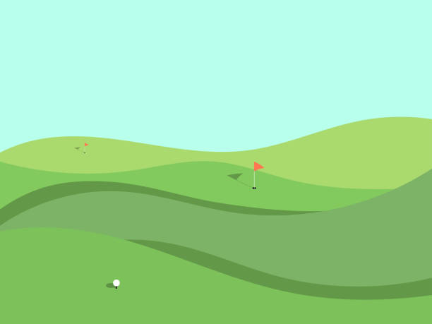 골프 장. 미니멀 한 스타일의 물결 모양의 녹색 초원. 구멍과 붉은 깃발골프 코스. 녹색 필드풍경. 광고 제품 및 포스터 디자인. 벡터 일러스트레이션 - golf ball golf curve banner stock illustrations