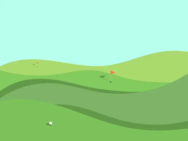 Vector illustration of Golf field. Wavy green meadow in a minimalist style. Golf course with holes and red flags. Landscape with green fields. Design for advertising products and posters. Vector illustration