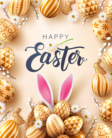 Easter poster and banner template with Golden easter eggs in the nest,cute bunny ears.Greetings and presents for Easter Day in flat lay styling.Promotion and shopping template for Easter