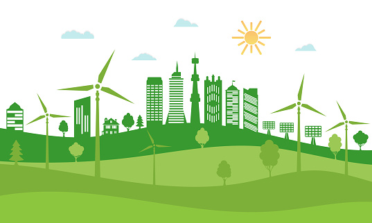 Green city with renewable energy sources. Ecological city and environment conservation. Sustainable development concept. Save the world. Vector illustration.