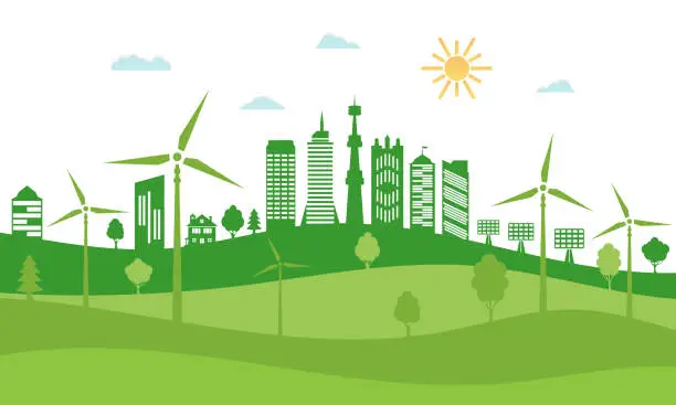 Vector illustration of Green city with renewable energy sources. Ecological city and environment conservation. Sustainable development concept. Save the world.
